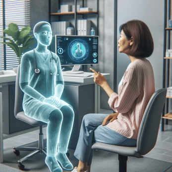 DALL·E 2023-11-26 12.14.28 - A realistic photo of a patient, an Asian woman in her 50s, sitting in a consultation room and interacting with a virtual AI doctor. The AI doctor is r