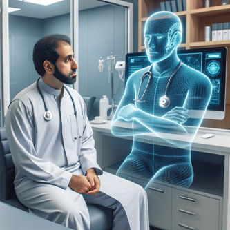 DALL·E 2023-11-26 12.14.56 - A realistic photo of a patient, a Middle-Eastern man in his 40s, sitting in a consultation room and interacting with a virtual AI doctor. The AI docto